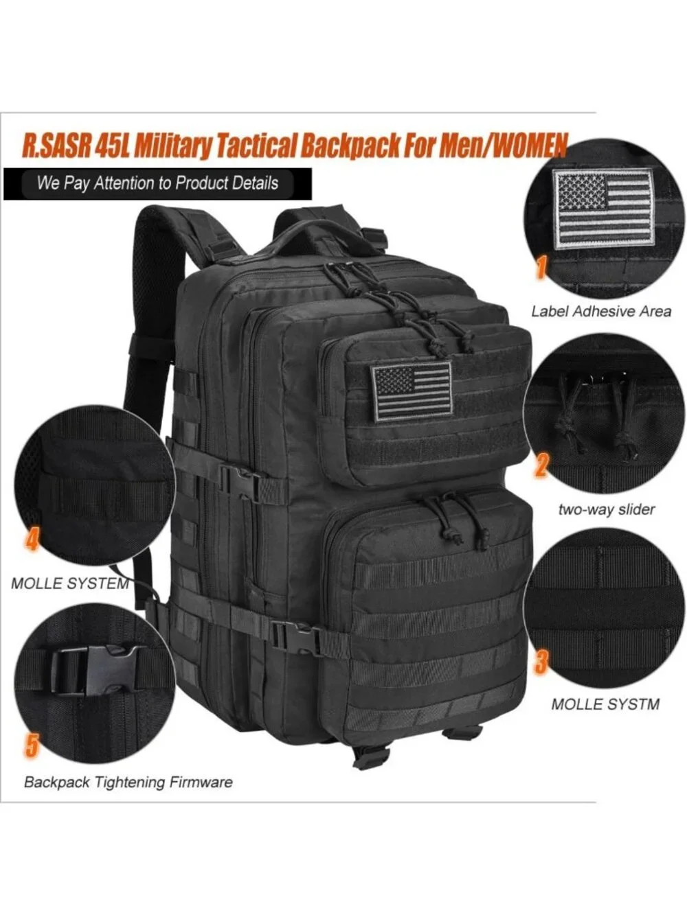 Large 45L Tactical Backpack for Hiking & Camping, Military Assault Pack with